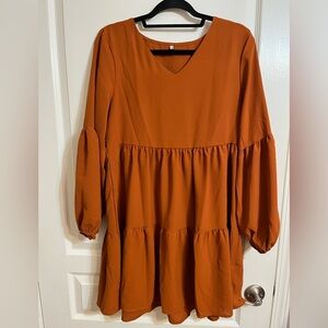 Burnt Orange Midi Sundress with Long Bishop Sleeves